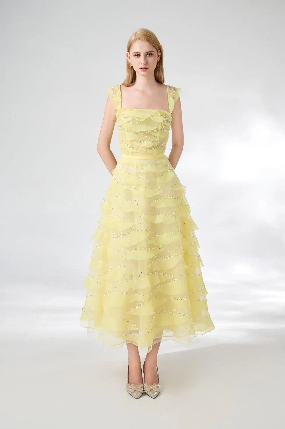 Dillon Fit and Flare Square Neck Organza Midi Dress