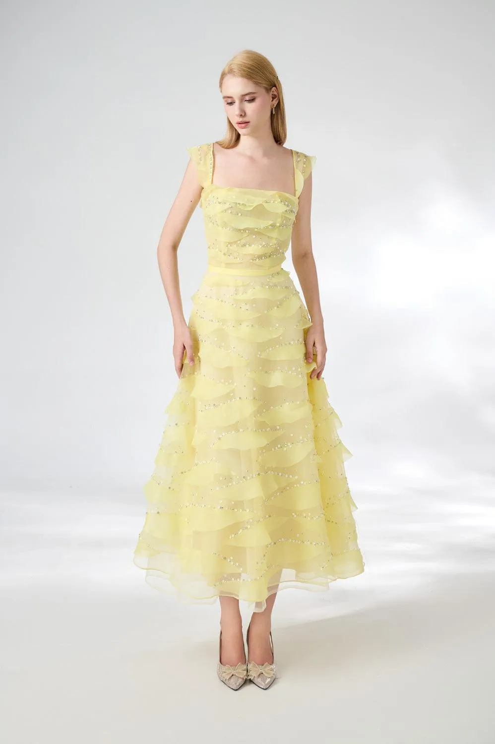 Dillon Fit and Flare Square Neck Organza Midi Dress