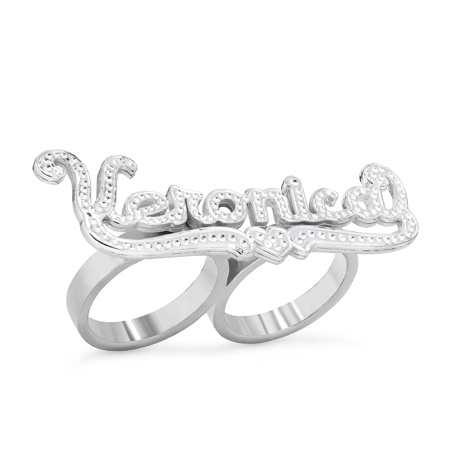 Double-Finger Name Ring with Beading/Rhodium