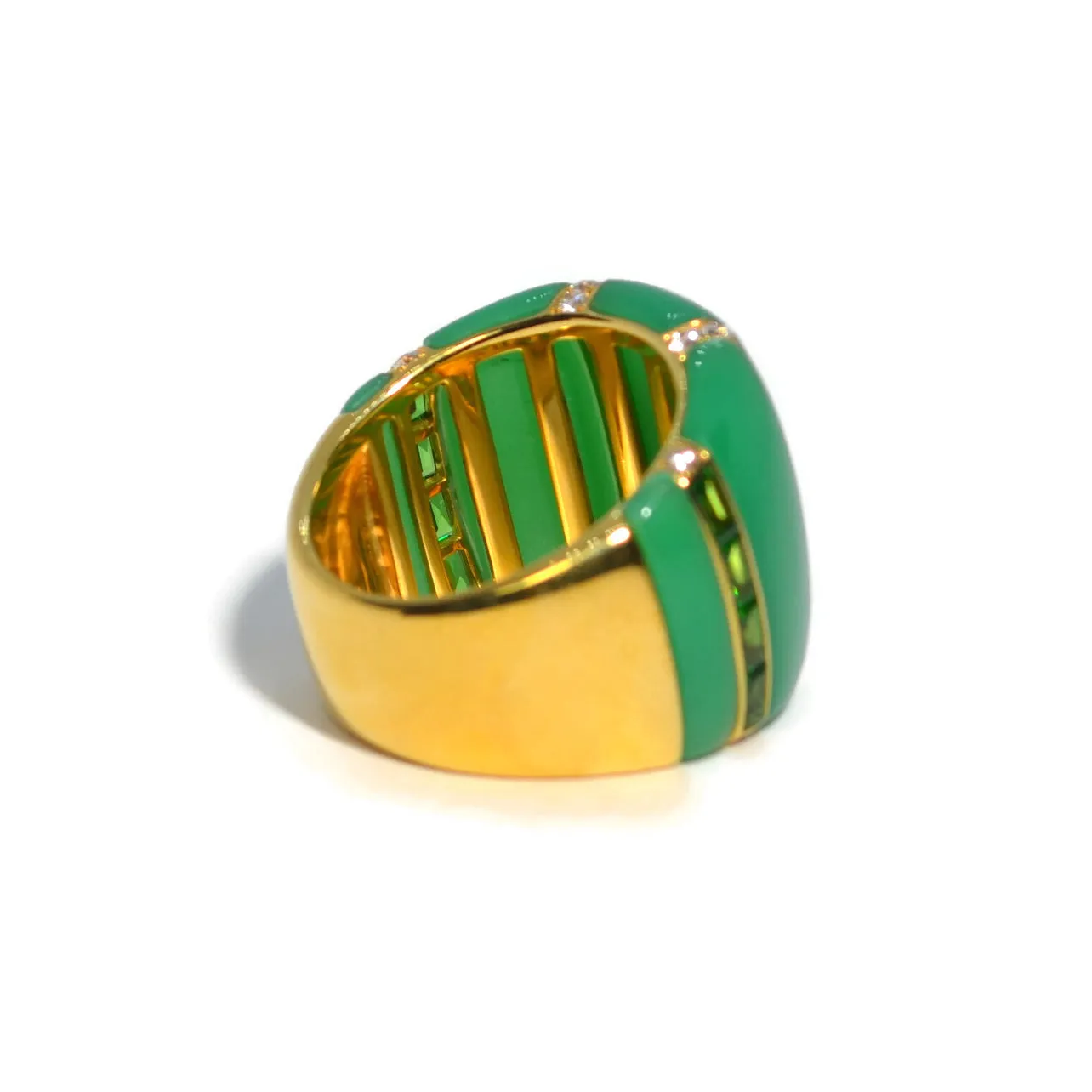 Eclat Jewels - One of a Kind  Ring with Chrysoprase, Tsavorite and Diamonds, 18k Yellow Gold