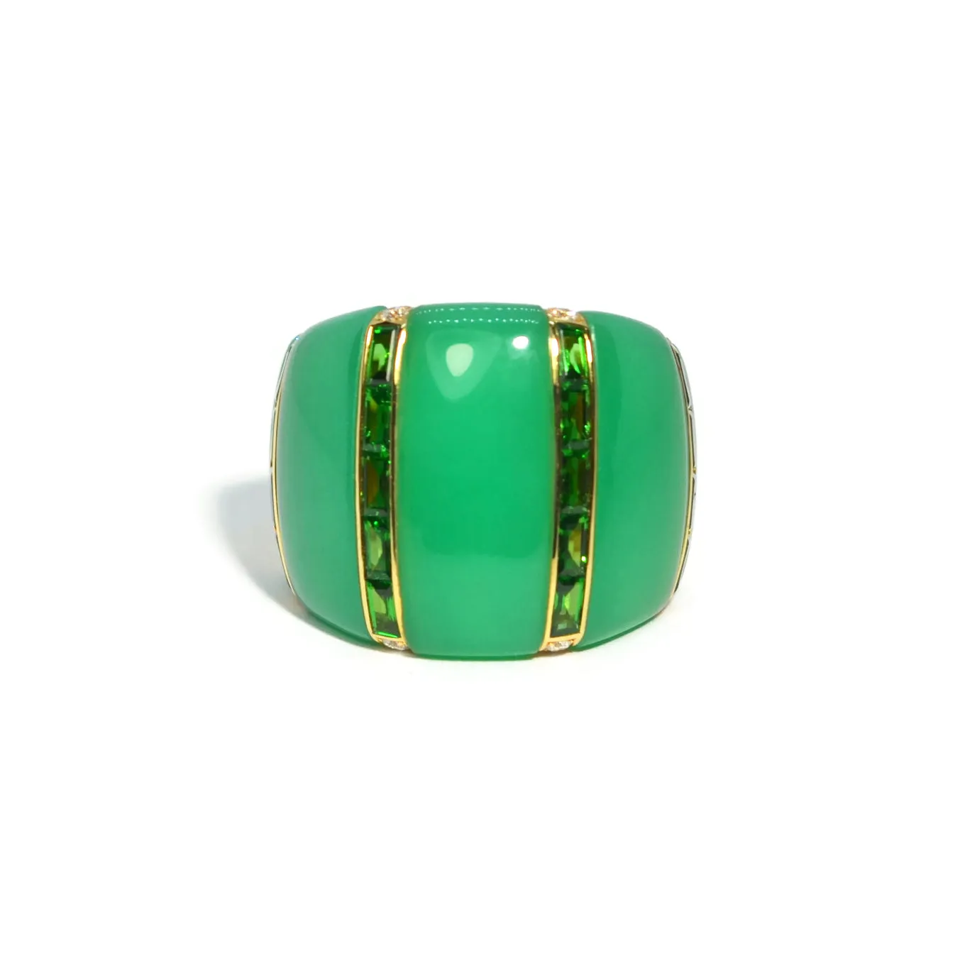 Eclat Jewels - One of a Kind  Ring with Chrysoprase, Tsavorite and Diamonds, 18k Yellow Gold