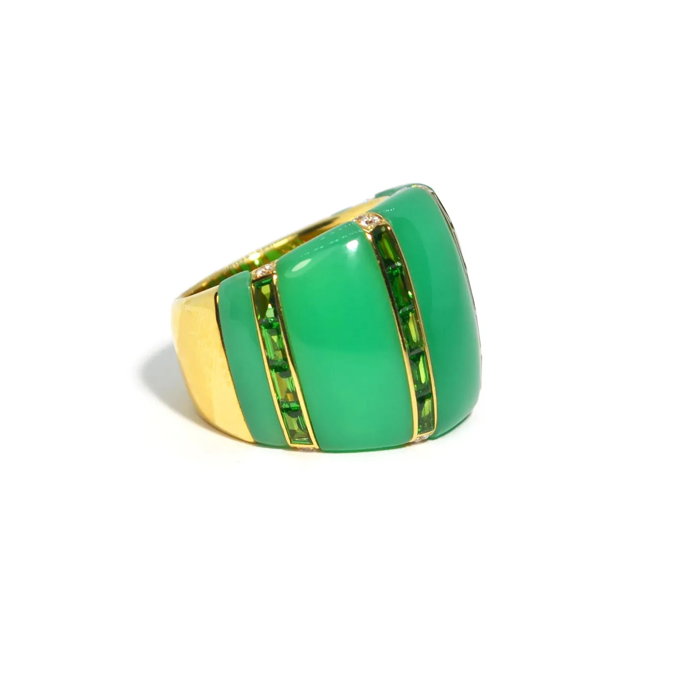 Eclat Jewels - One of a Kind  Ring with Chrysoprase, Tsavorite and Diamonds, 18k Yellow Gold