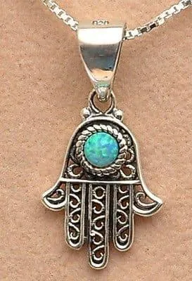 Filigree Opal Hamsa Sterling Silver Charm Necklace