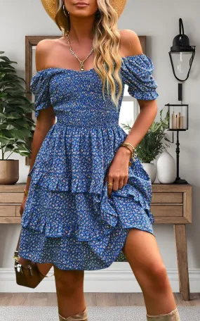 Floral Over the Shoulder Dress | Blue