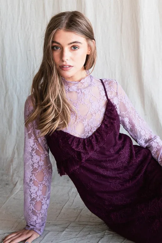 Floral print lace long sleeves top