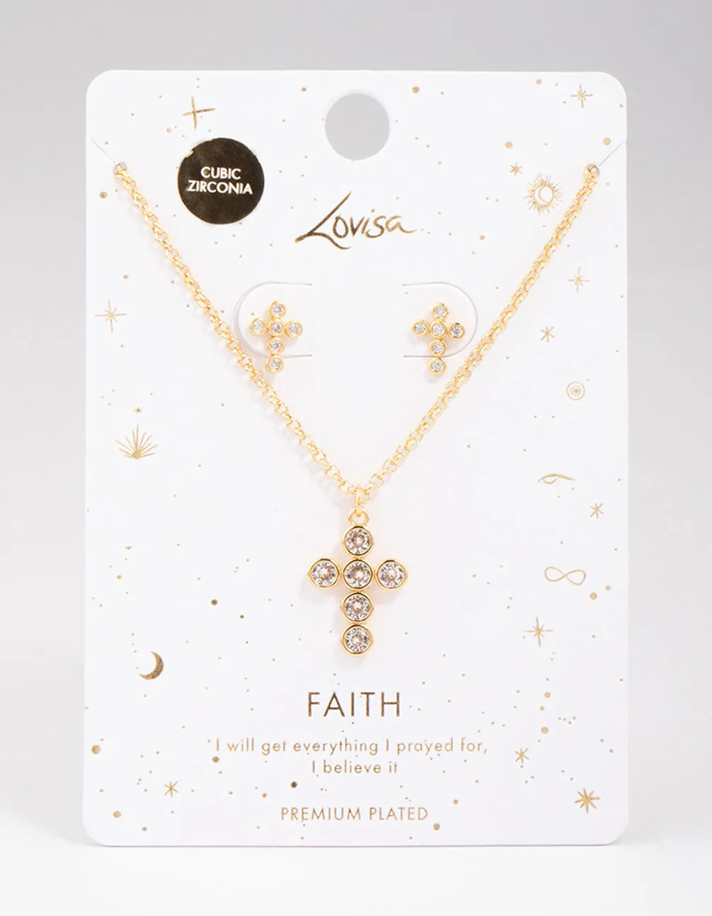 Gold Plated Bezel Cross Necklace & Earring Jewellery Set