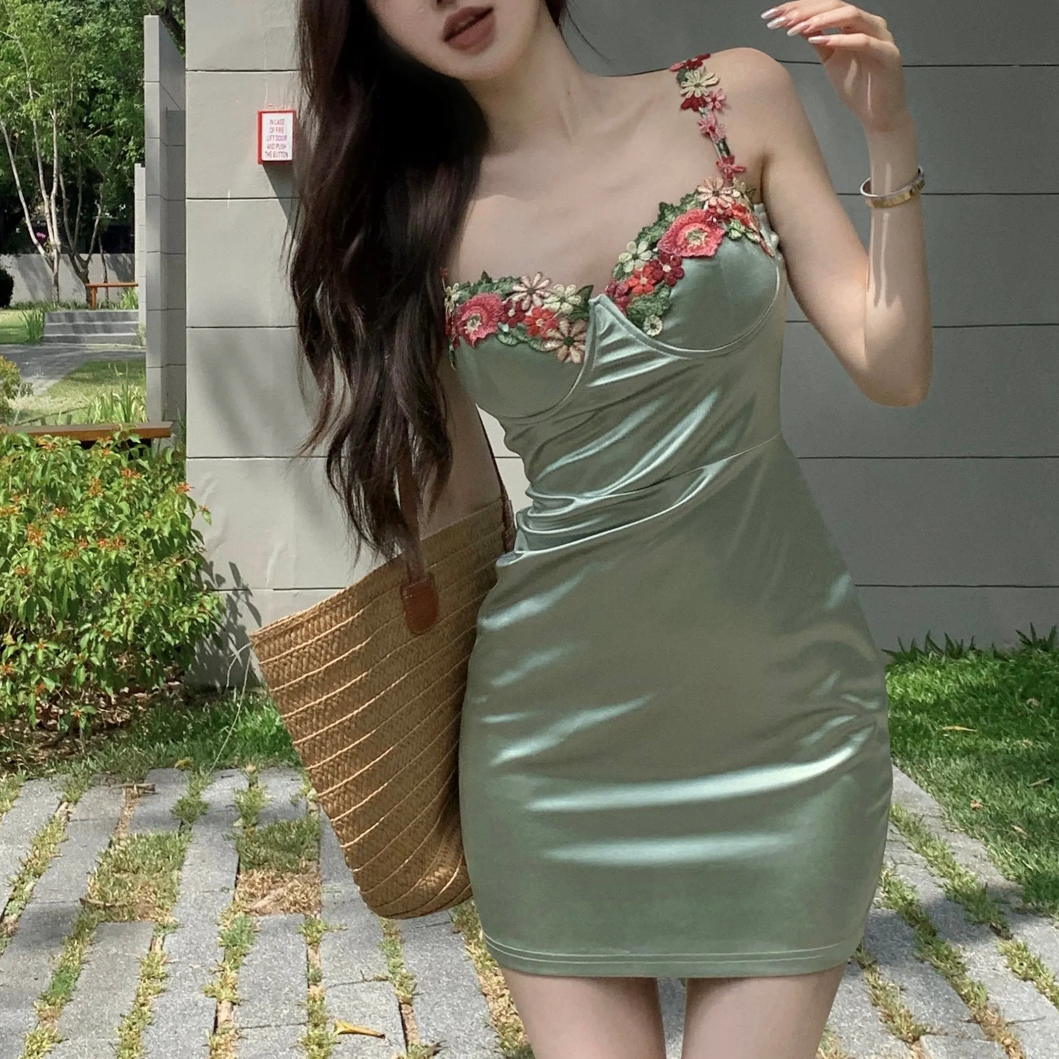 Green Satin Floral Dress