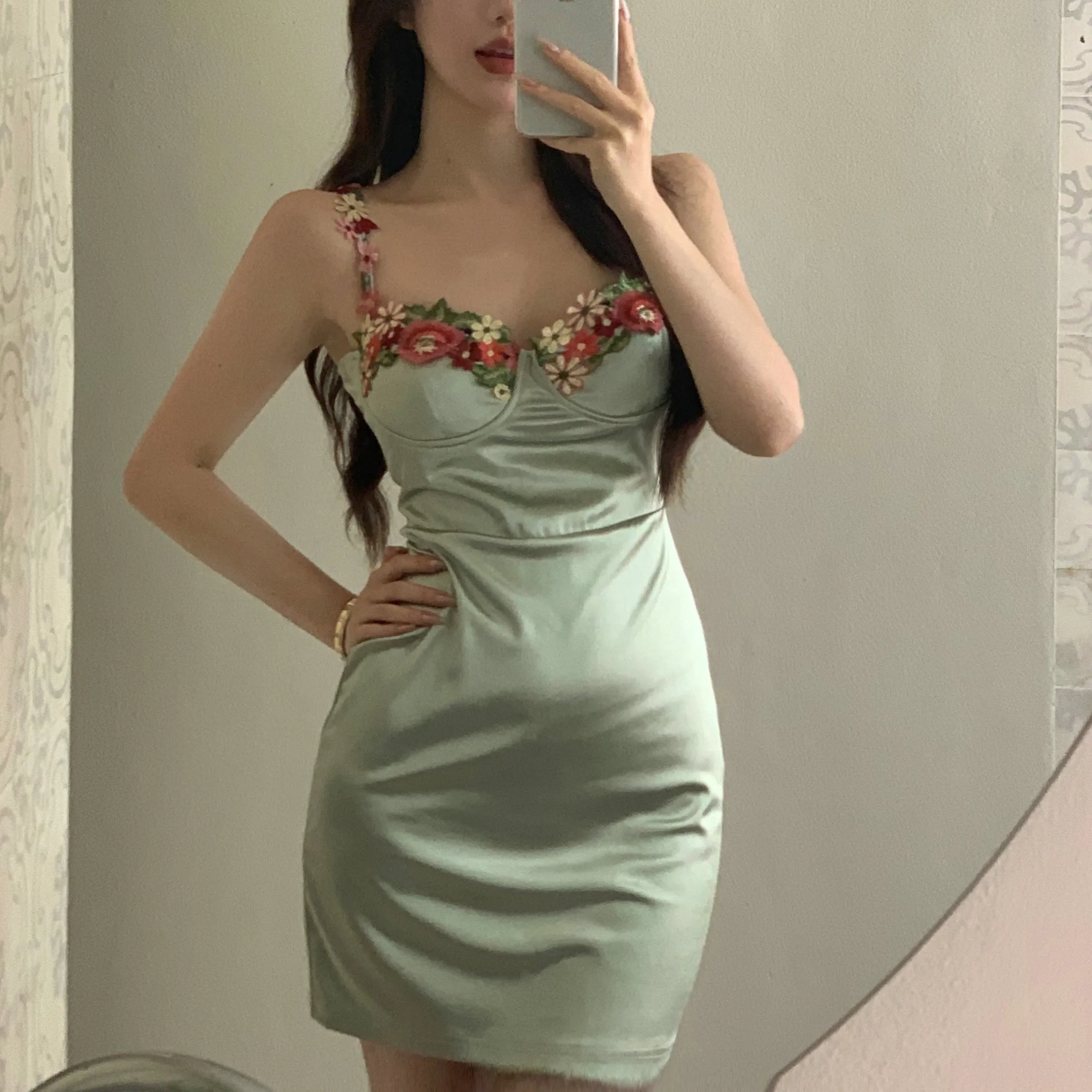 Green Satin Floral Dress