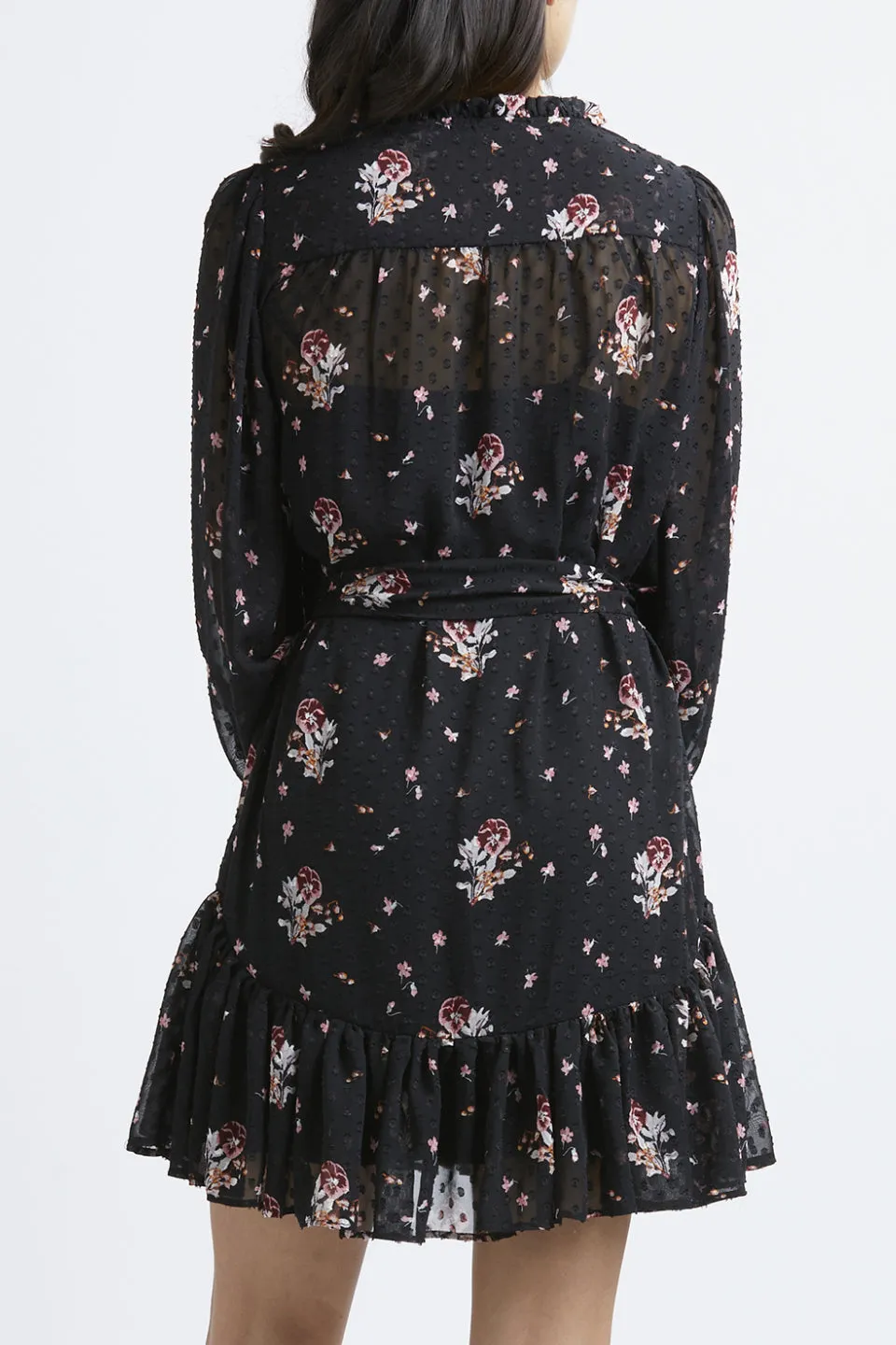 Inspire LS Ruffle Hem Black Dobby Spot Floral Dress