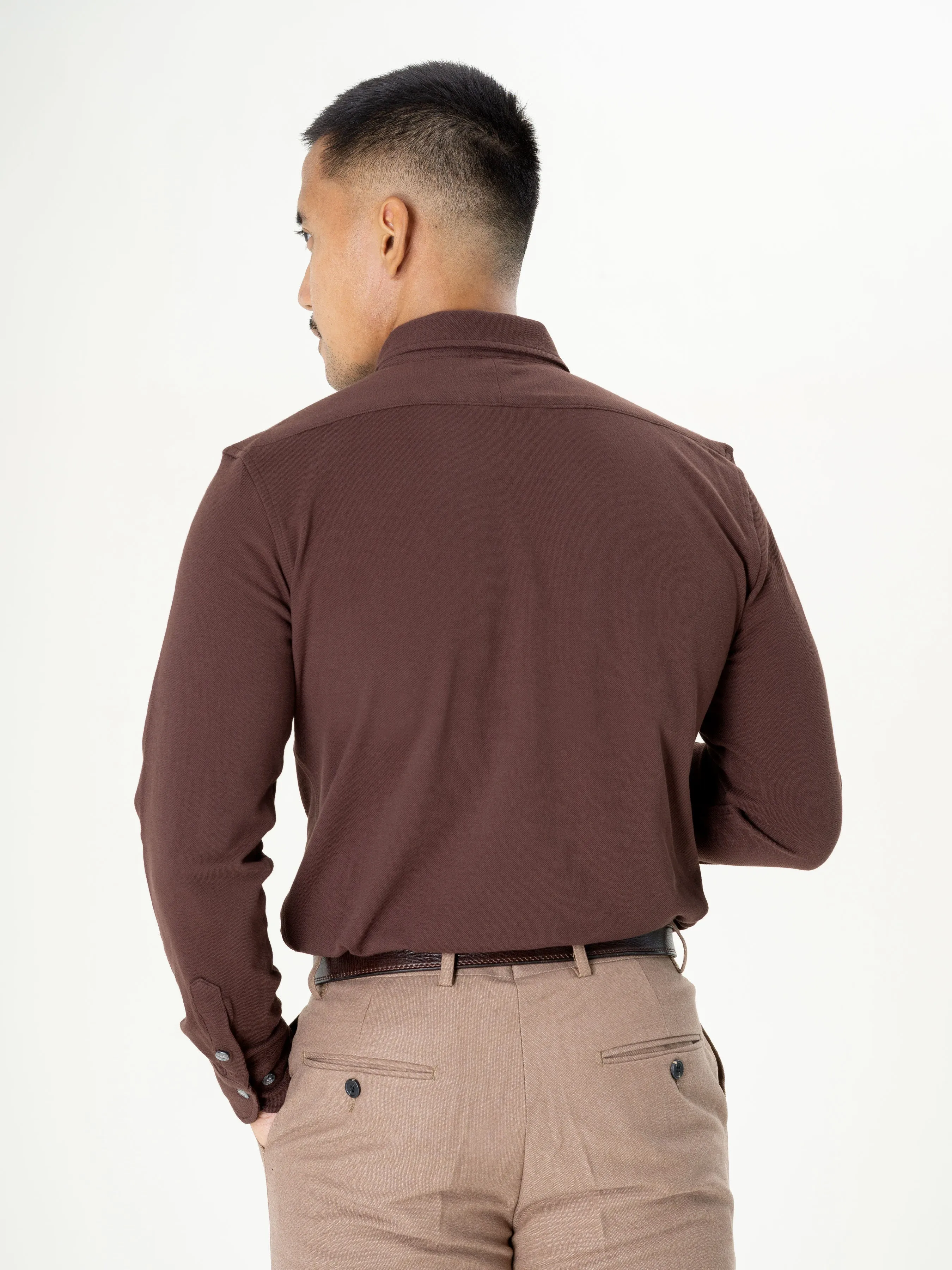 Long Sleeve Polo Shirt - Coffee Button Down