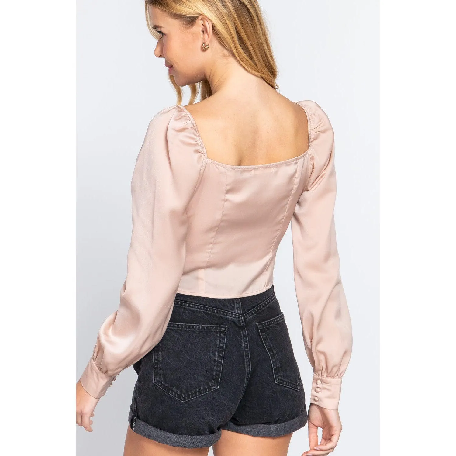 Long Sleeve Sweetheart Neck Front Ribbon Tie Detail Woven Top