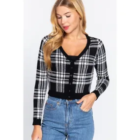 Long Sleeve V-neck Fitted Button Down Plaid Sweater Cardigan