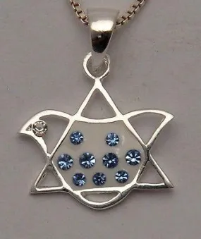 Magen David Pigeon Pendant Clear With Dark Blue Swarovski Gemstone Silver 925.