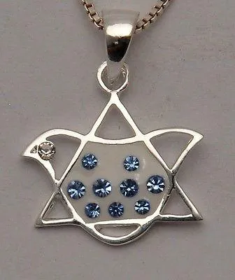 Magen David Pigeon Pendant Clear With Dark Blue Swarovski Gemstone Silver 925.