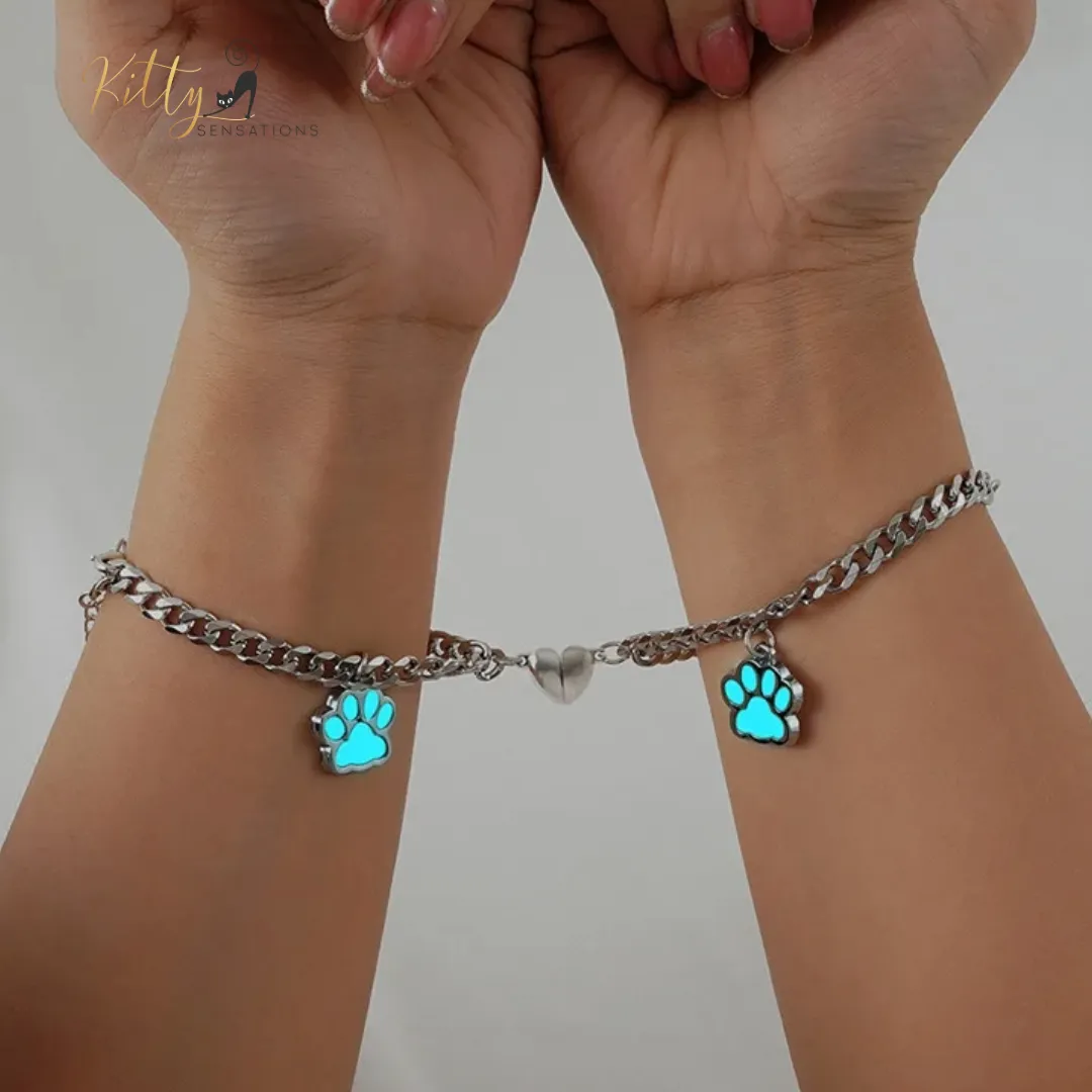 Magnetic Heart, Glow-In-The-Dark, Cat Paw, Couple/Friends Bracelet Set (Au Pair) - 925 Silver Plated - Adjustable Size