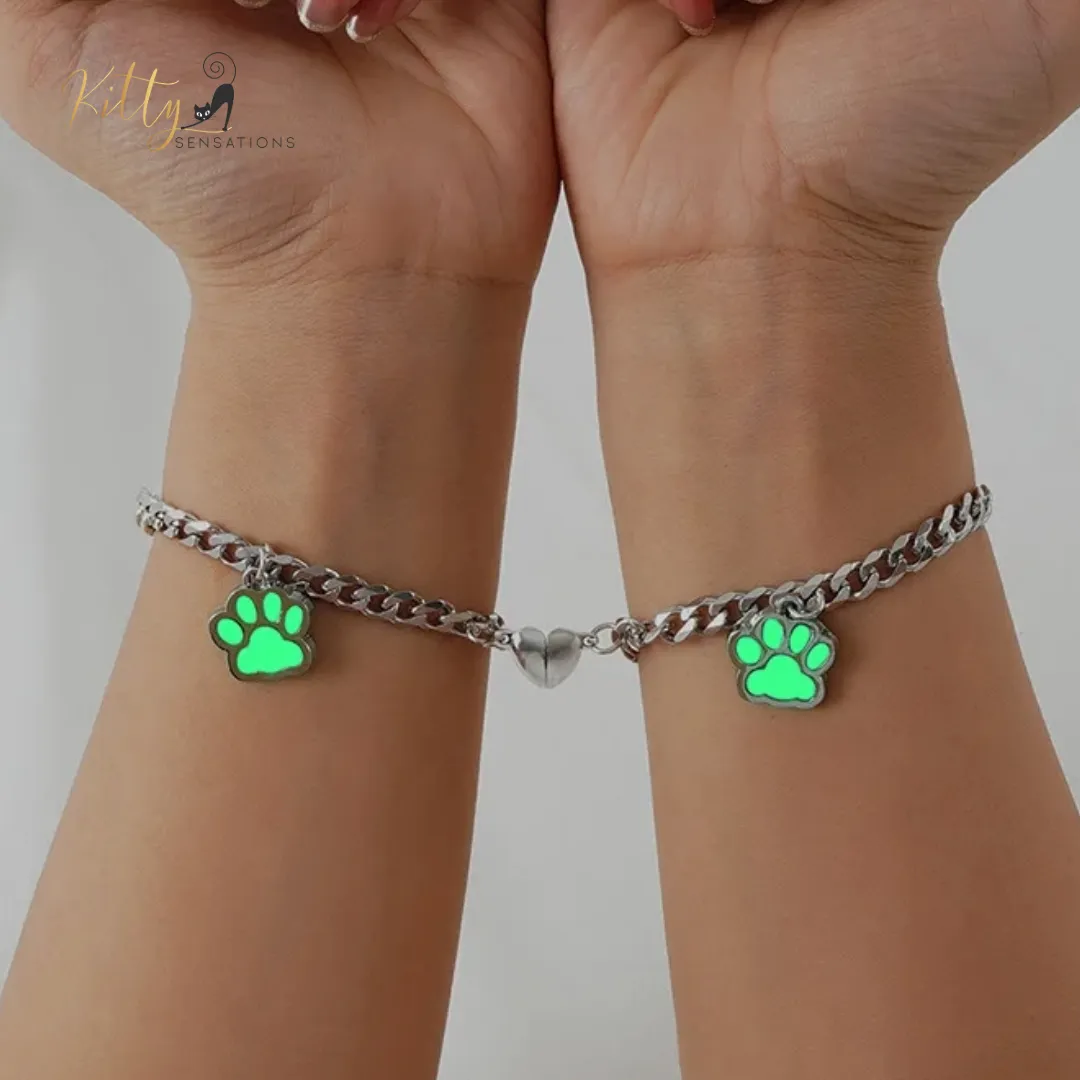 Magnetic Heart, Glow-In-The-Dark, Cat Paw, Couple/Friends Bracelet Set (Au Pair) - 925 Silver Plated - Adjustable Size