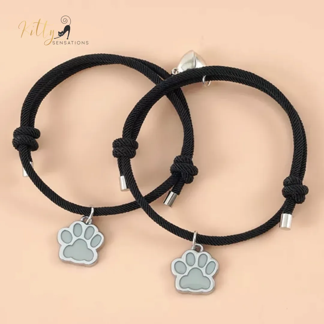 Magnetic Heart, Glow-In-The-Dark, Cat Paw, Couple/Friends Bracelet Set (Au Pair) - 925 Silver Plated - Adjustable Size