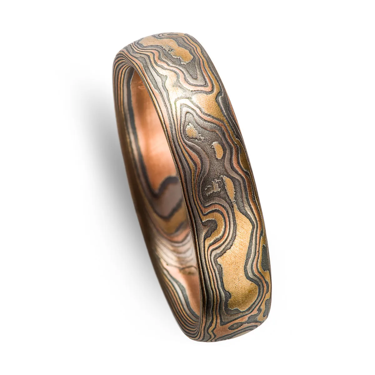 Matching Woodgrain Pattern Wedding Bands in Firestorm Palette