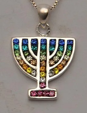 Menorah Pendant With Colors Gemstone Sterling Silver 925.