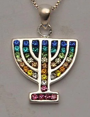 Menorah Pendant With Colors Gemstone Sterling Silver 925.