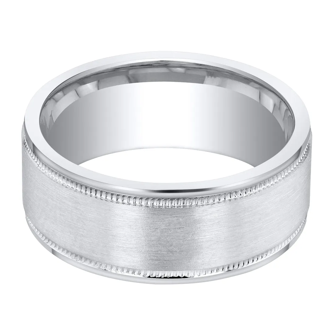 Mens Classic Sterling Silver Band in Milgrain Brushed Matte 8mm Comfort Fit Size 13