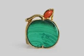 Mid 20th Century Graphic Malachite Apple Ring with Coral in 18k Gold