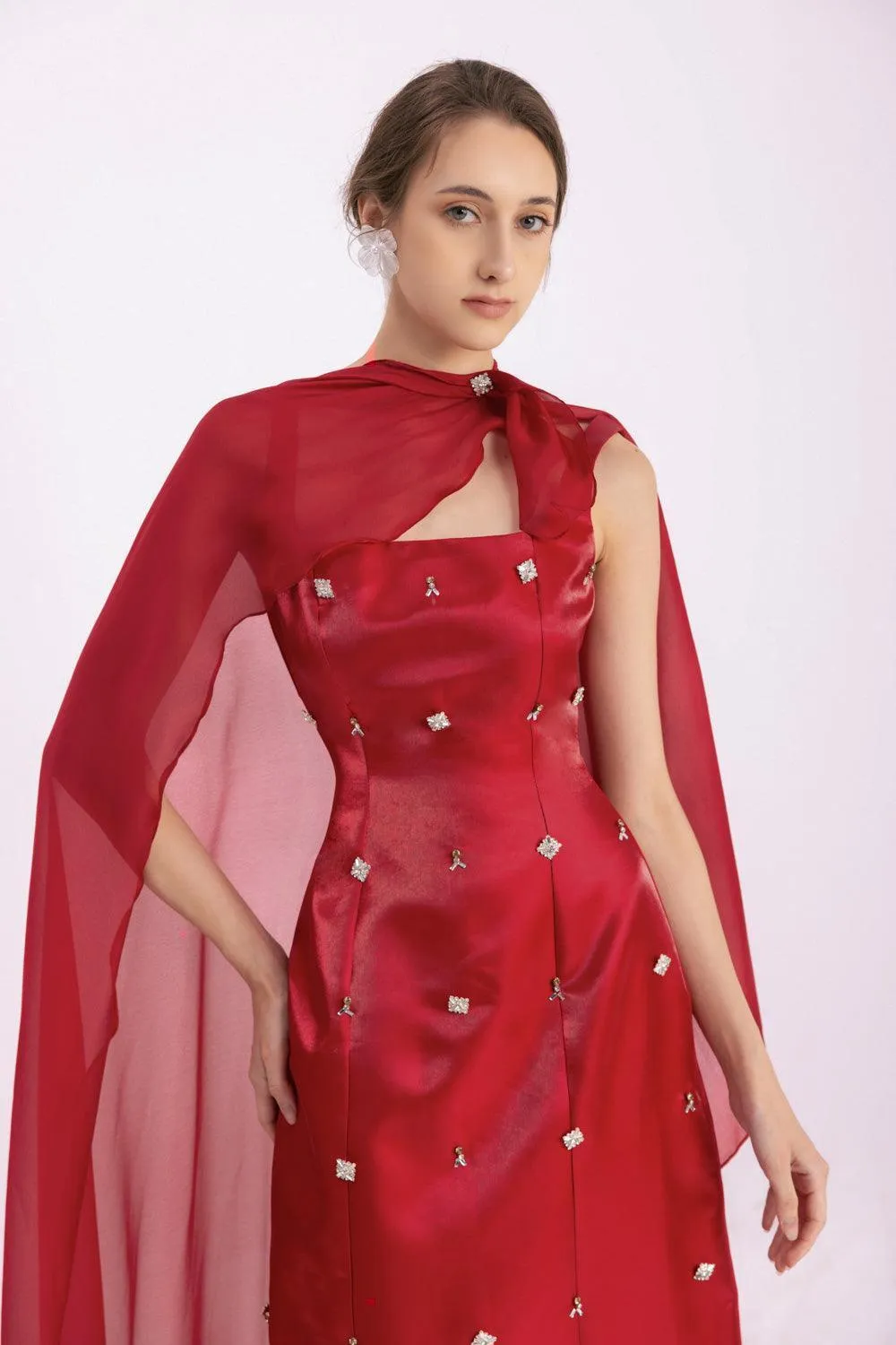 Morales A-line Cape Shoulder Taffeta Silk Floor Length Set