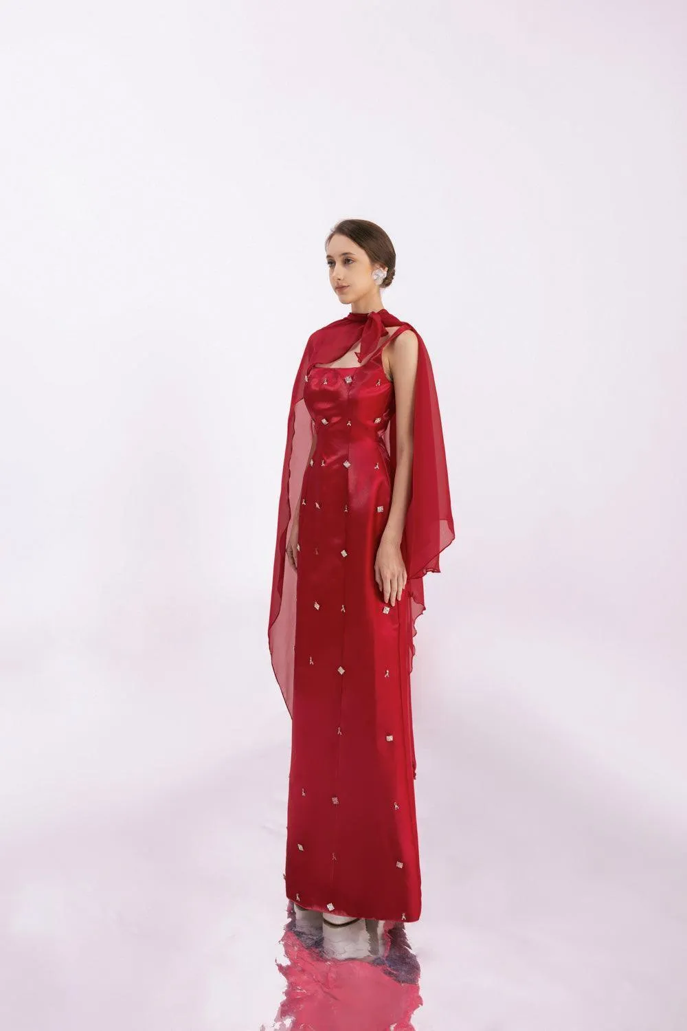 Morales A-line Cape Shoulder Taffeta Silk Floor Length Set