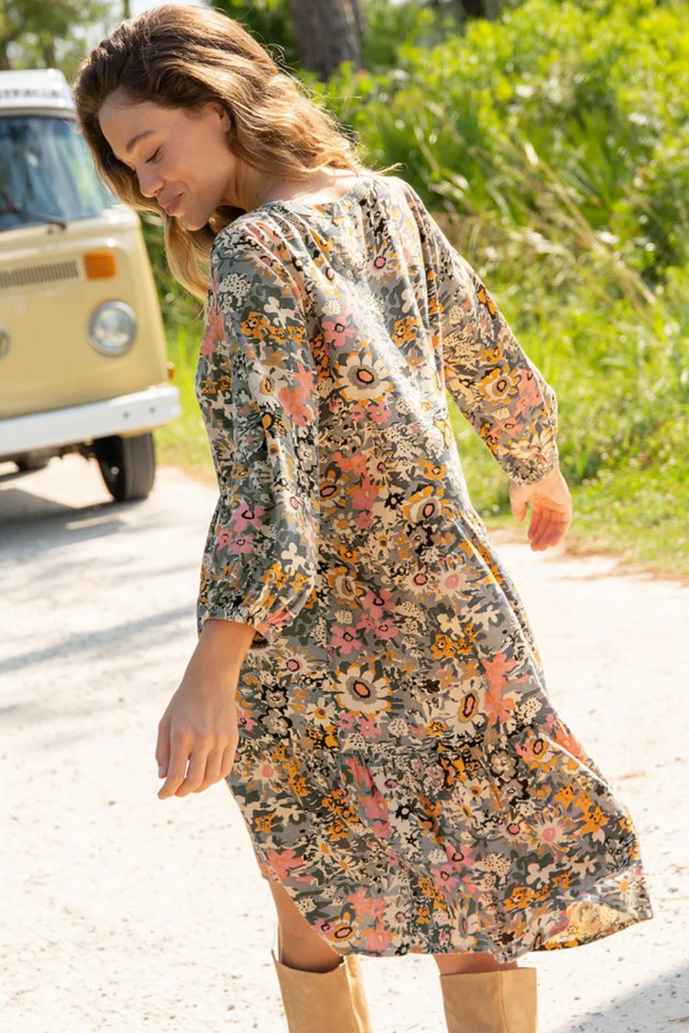 Multicolor Buttoned Crew Neck 3/4 Sleeve Floral Dress