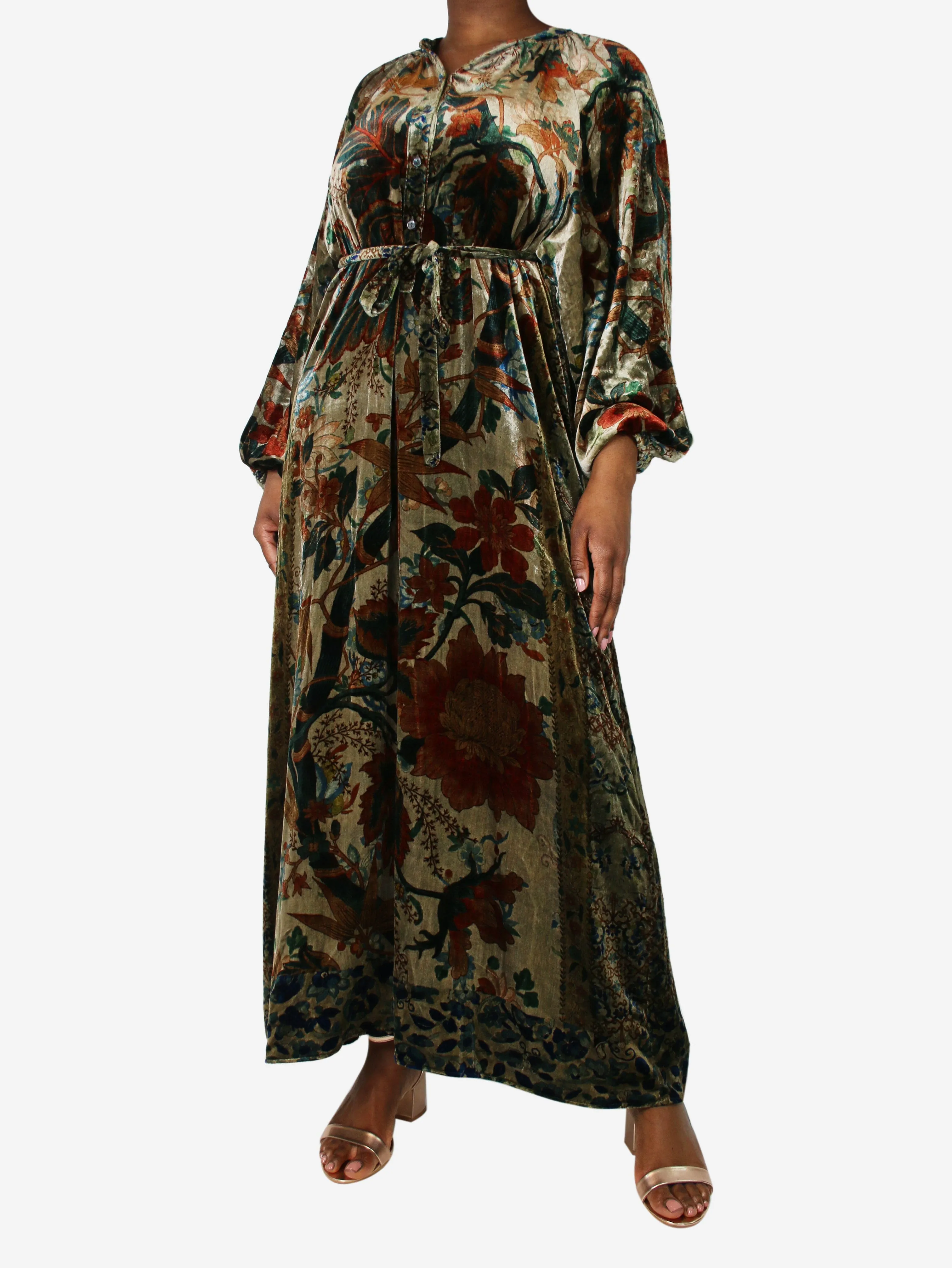 Multicoloured floral-printed velvet midi dress - size L