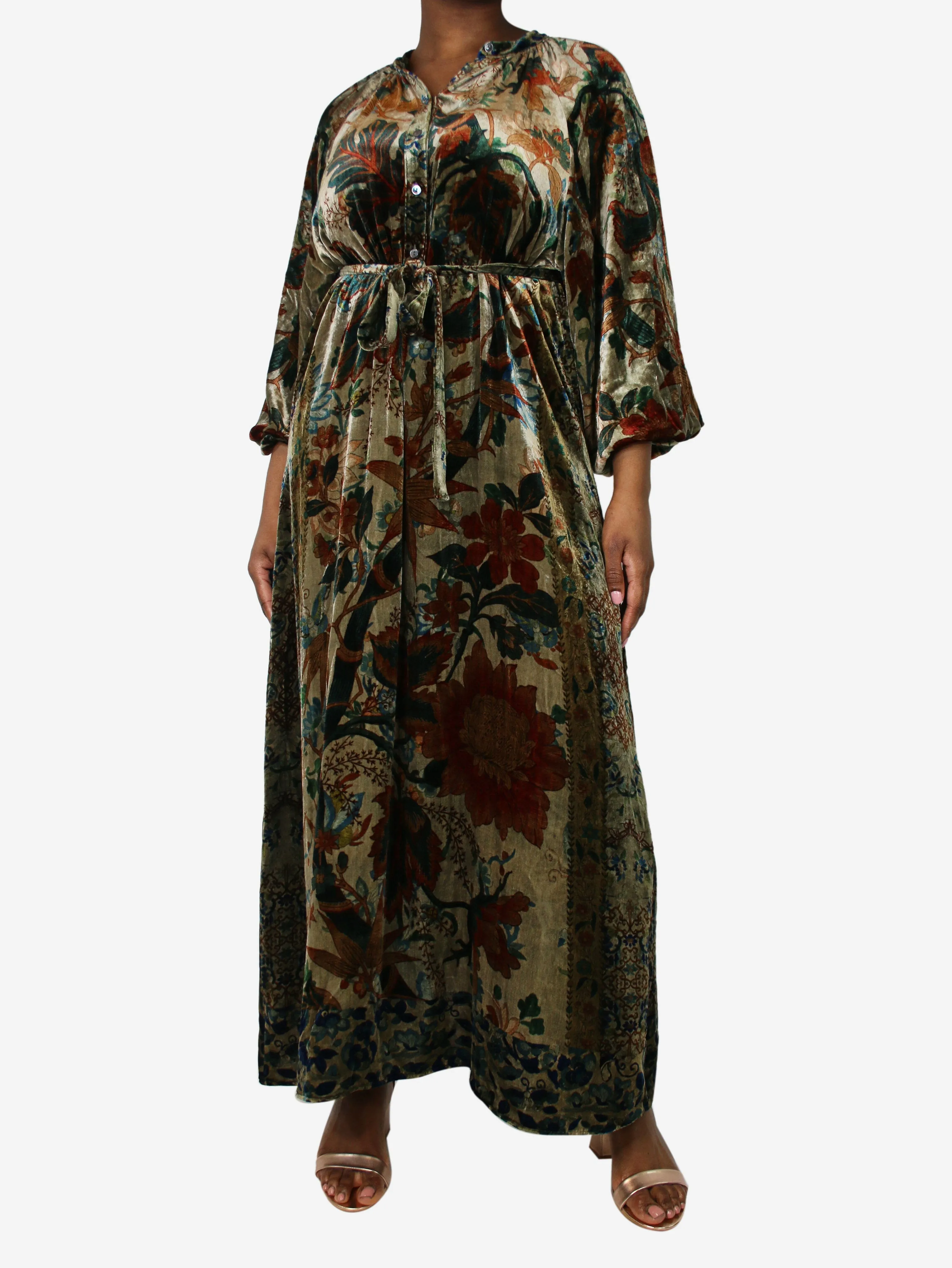 Multicoloured floral-printed velvet midi dress - size L