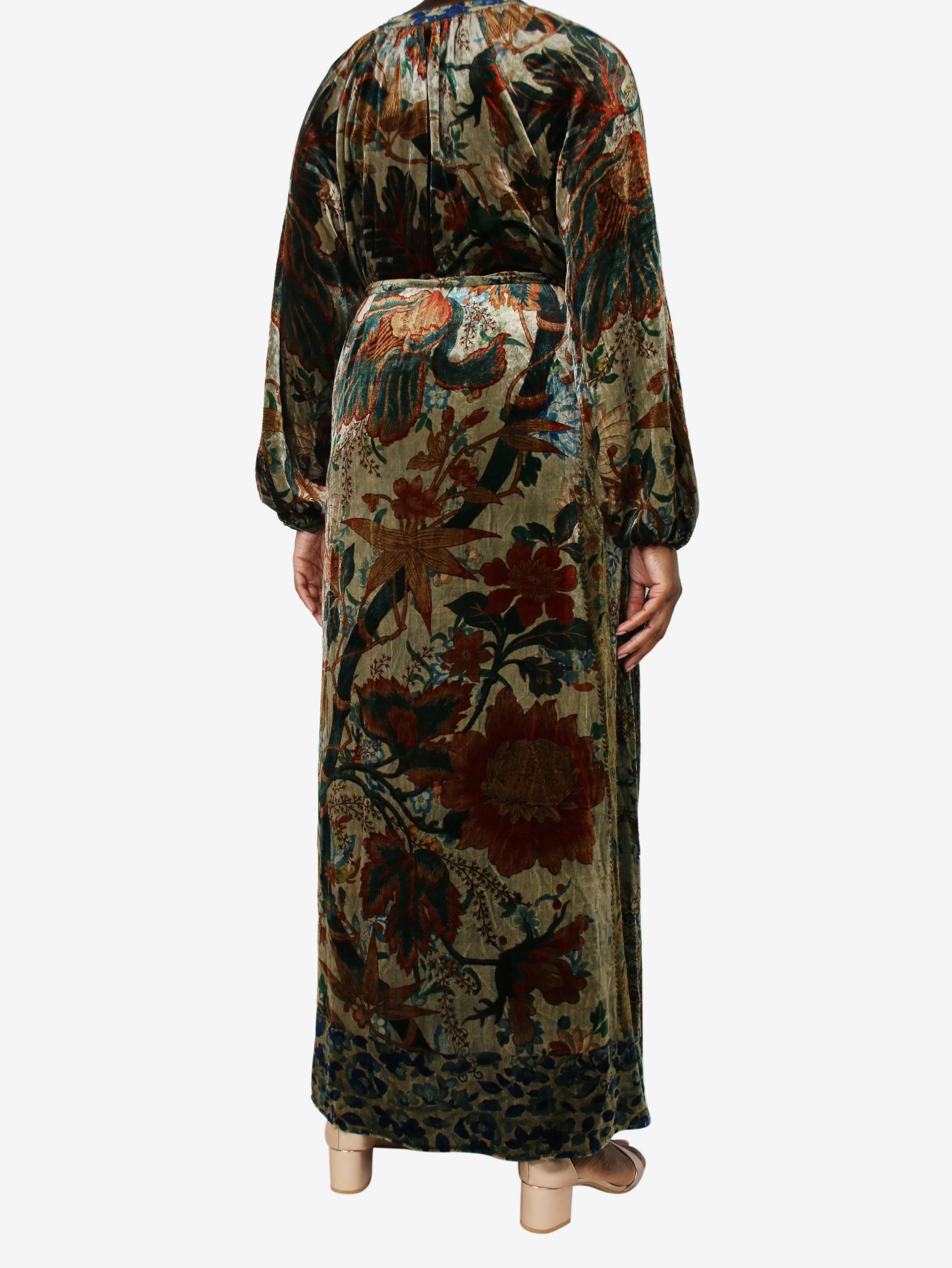 Multicoloured floral-printed velvet midi dress - size L