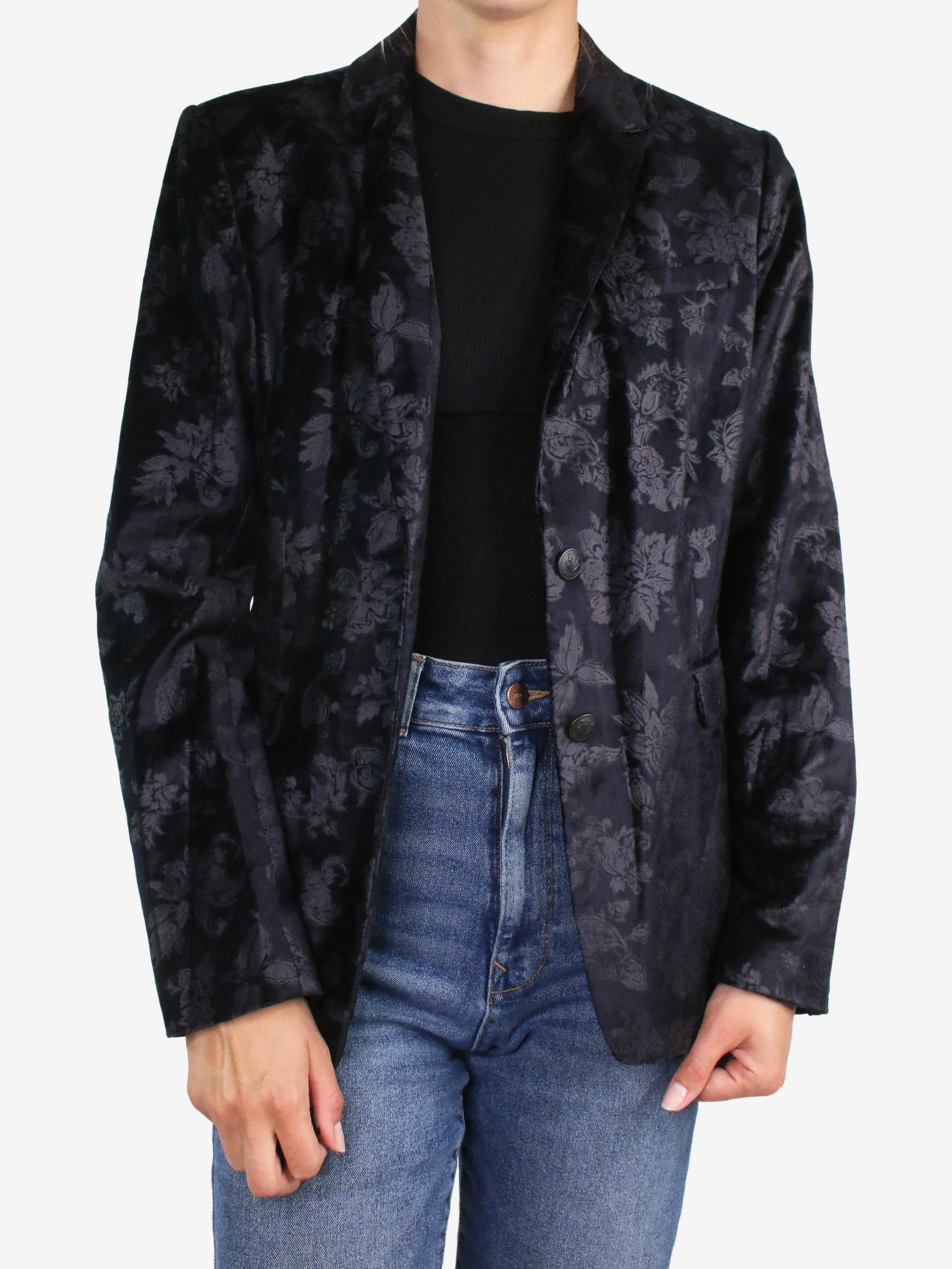 Navy single-breasted floral velvet blazer - size UK 14