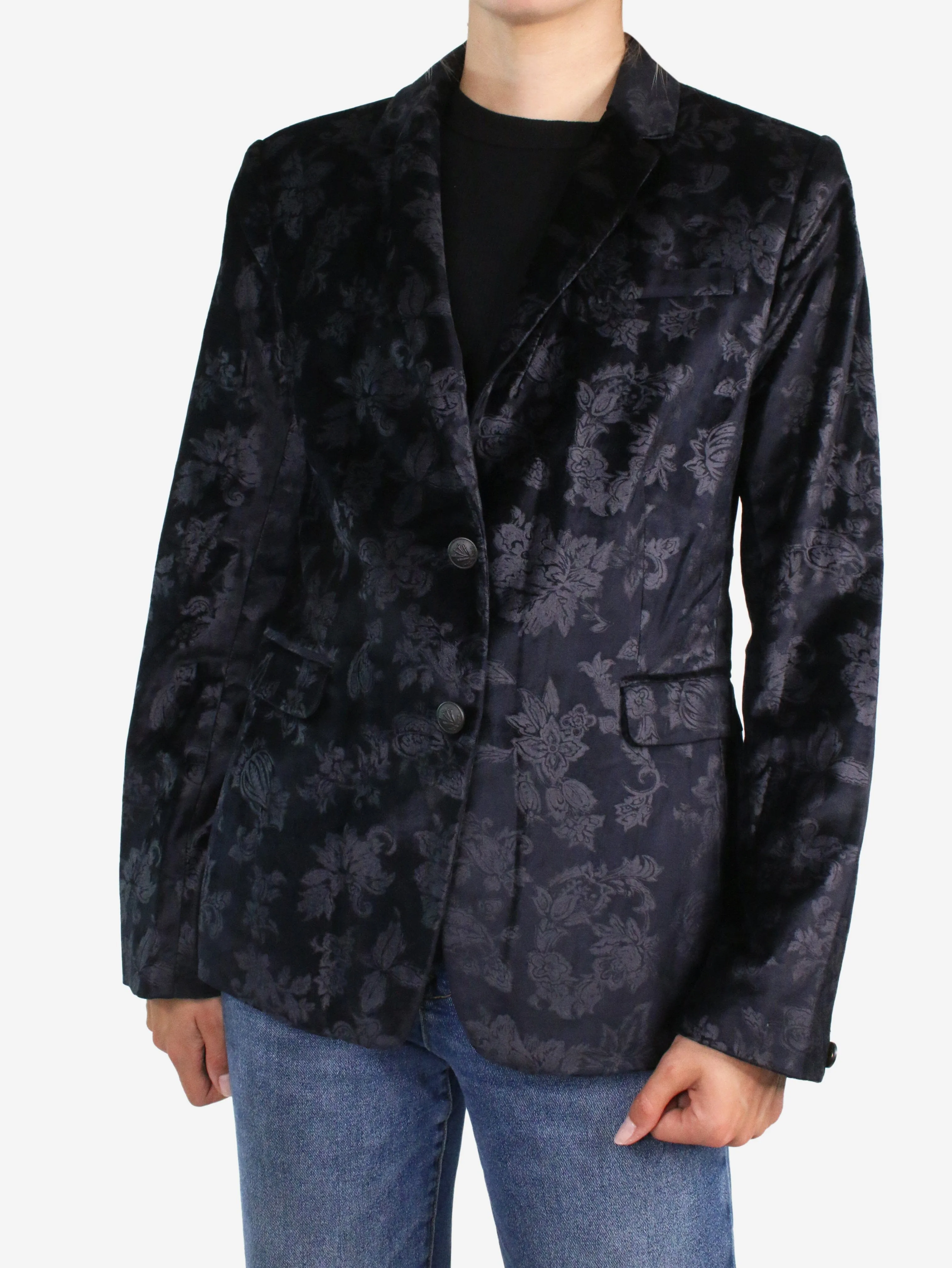 Navy single-breasted floral velvet blazer - size UK 14