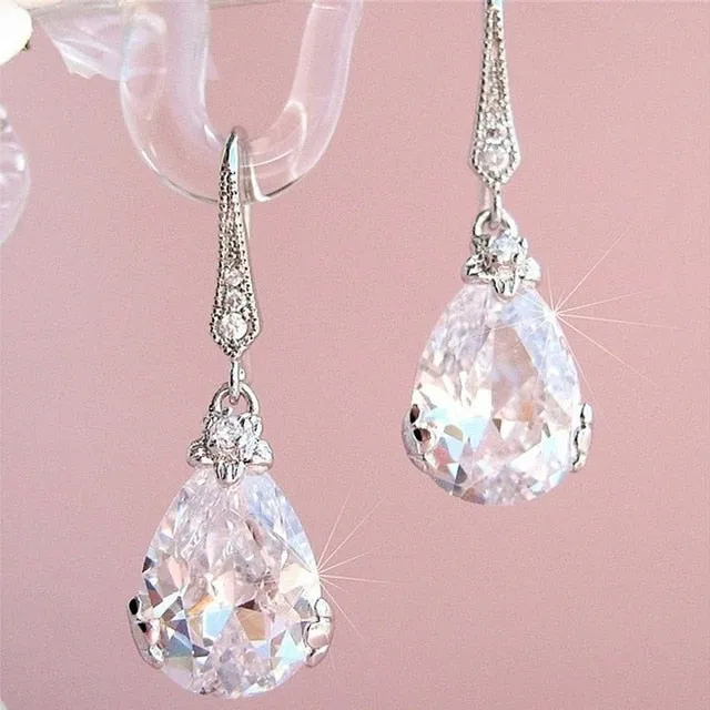 New Classic Style Pear Shape Cubic Zircon  Silver Color High Quality Timeless Drop Earrings