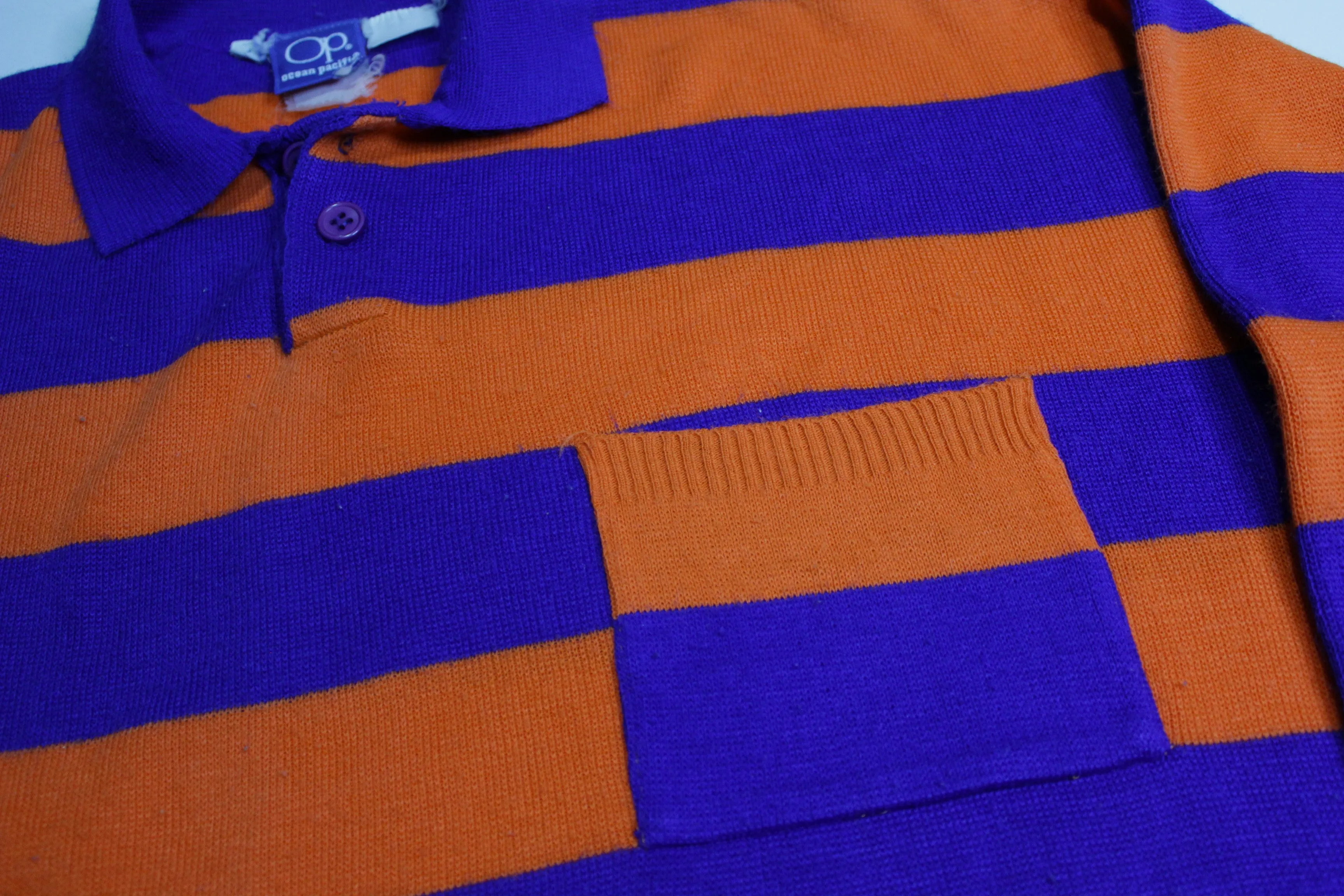 Ocean Pacific OP Vintage 80's Polo Striped Orange Blue New Wave Pocket Sweater