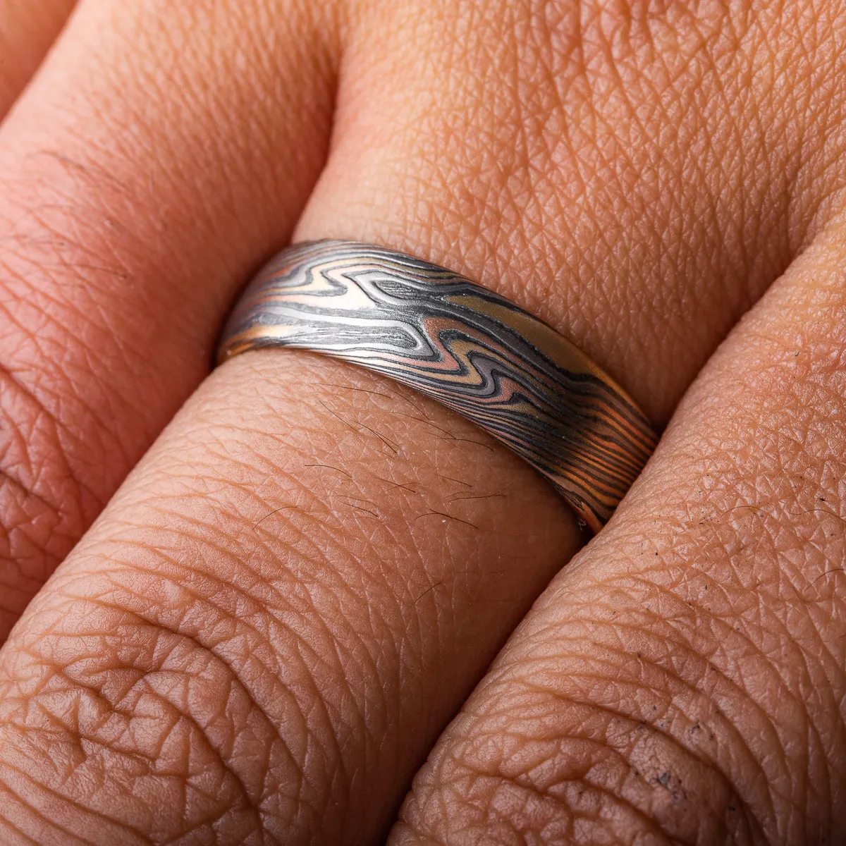 Paired Rustic Wedding Bands in Twist Pattern and Firestorm Palette