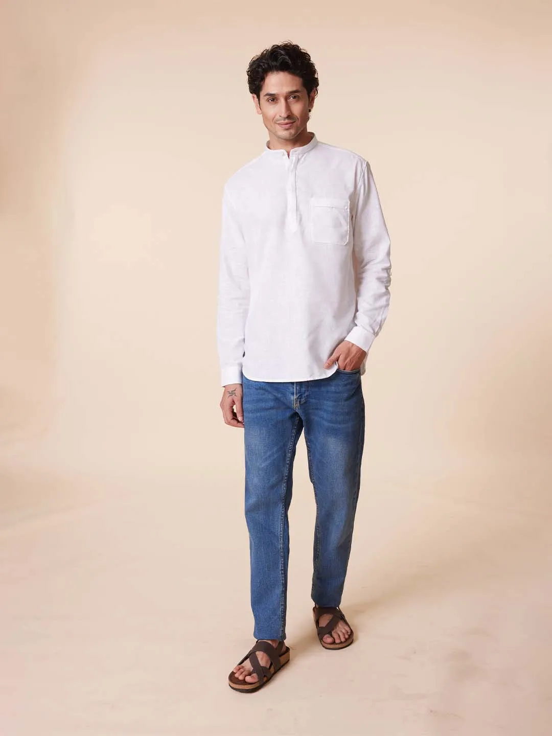 Patch Pocket Mandarin Kurta Style White Shirt - Root In