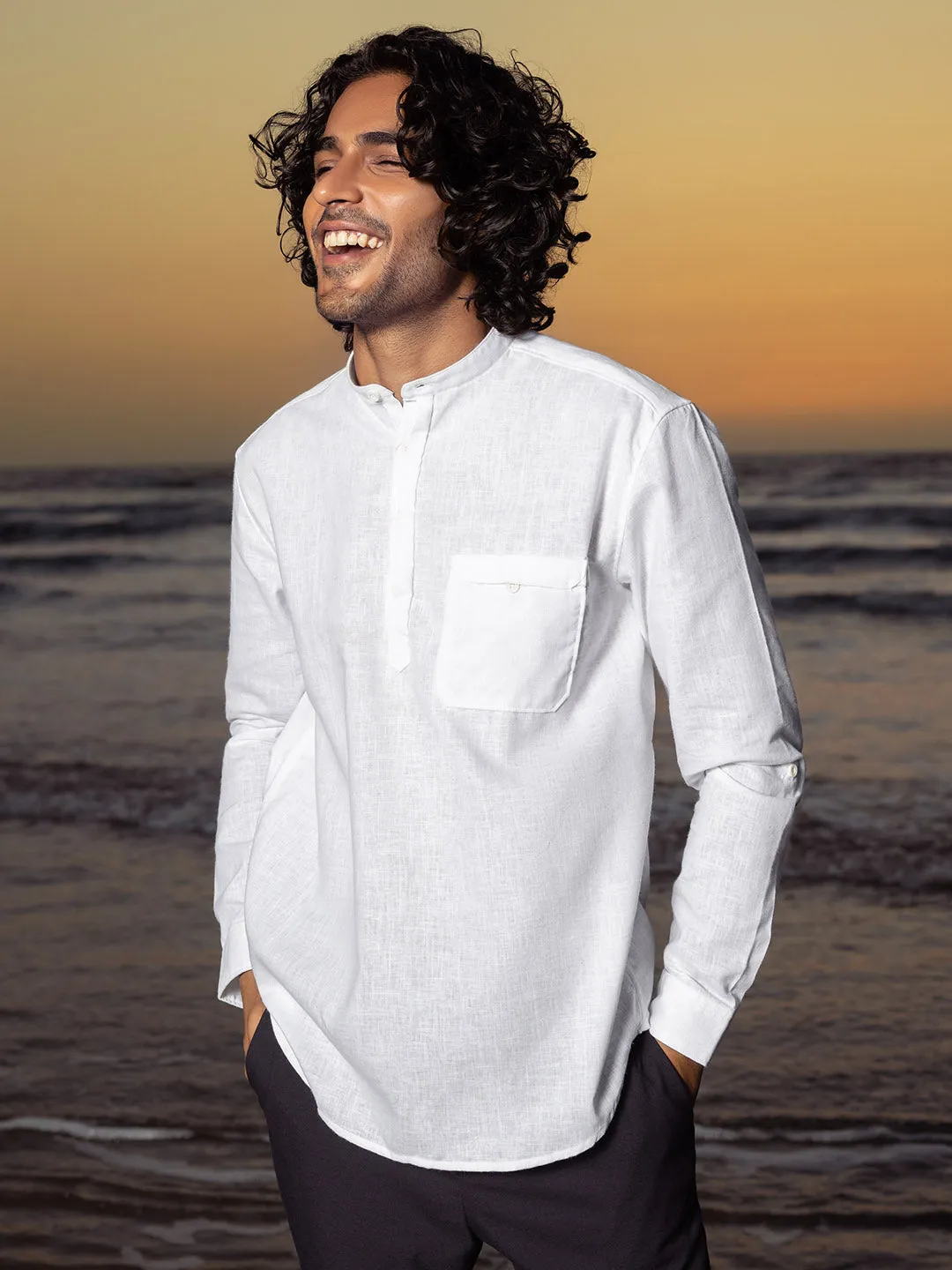 Patch Pocket Mandarin Kurta Style White Shirt - Root In