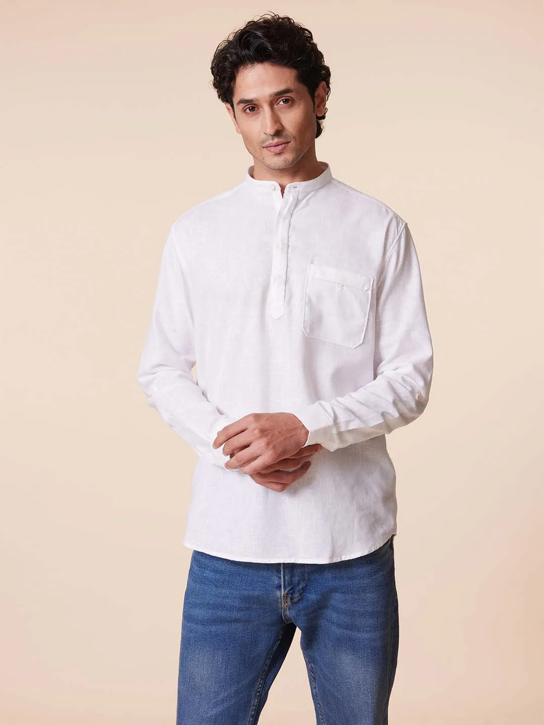 Patch Pocket Mandarin Kurta Style White Shirt - Root In