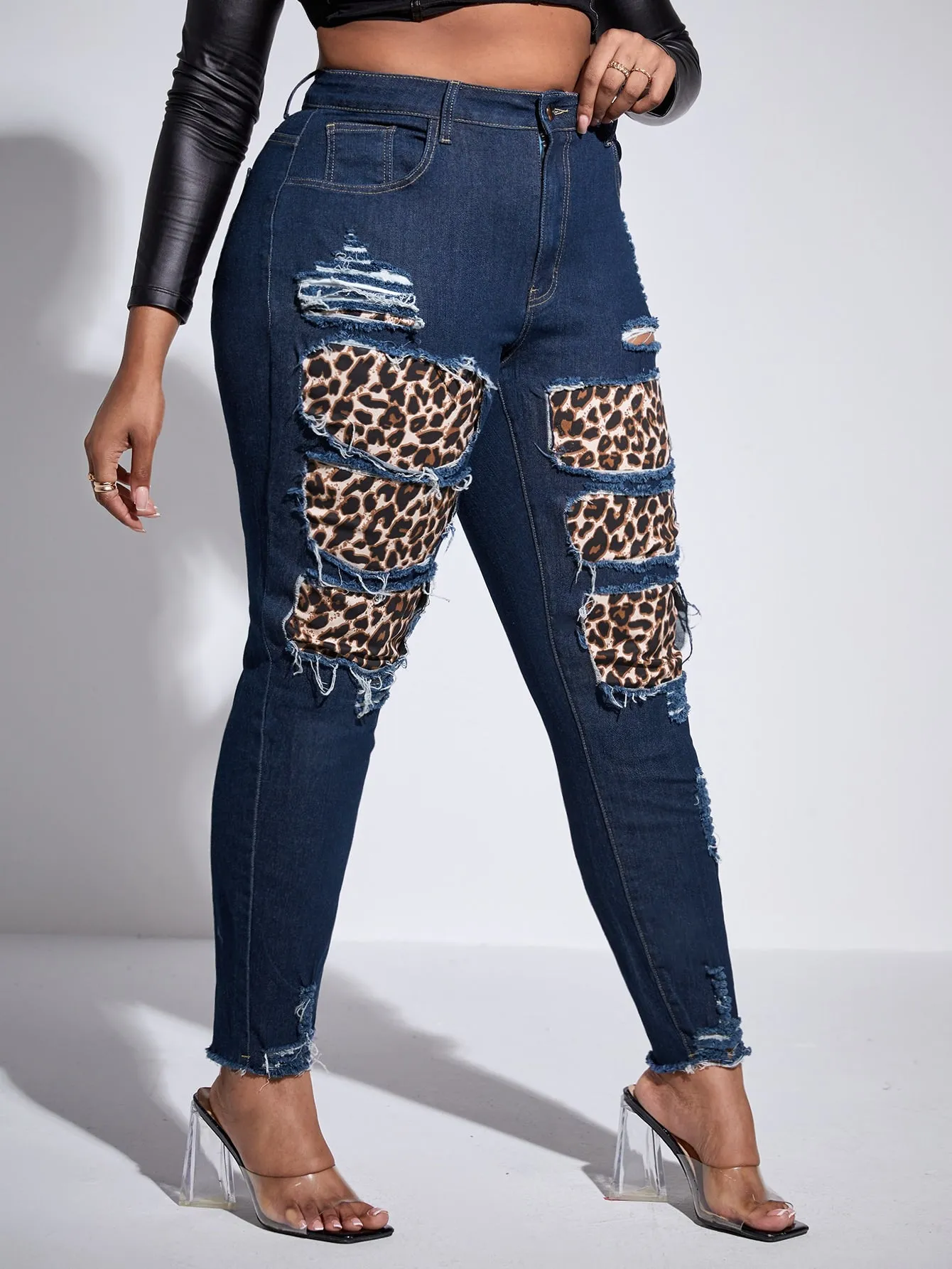 Plus High Waist Leopard Rag Stitching Ripped Frayed Hem Skinny Jeans