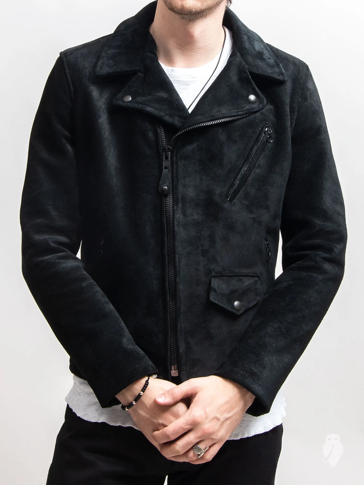 "3sixteen x Schott NYC" Perfecto Leather Jacket in Black Rough-Out