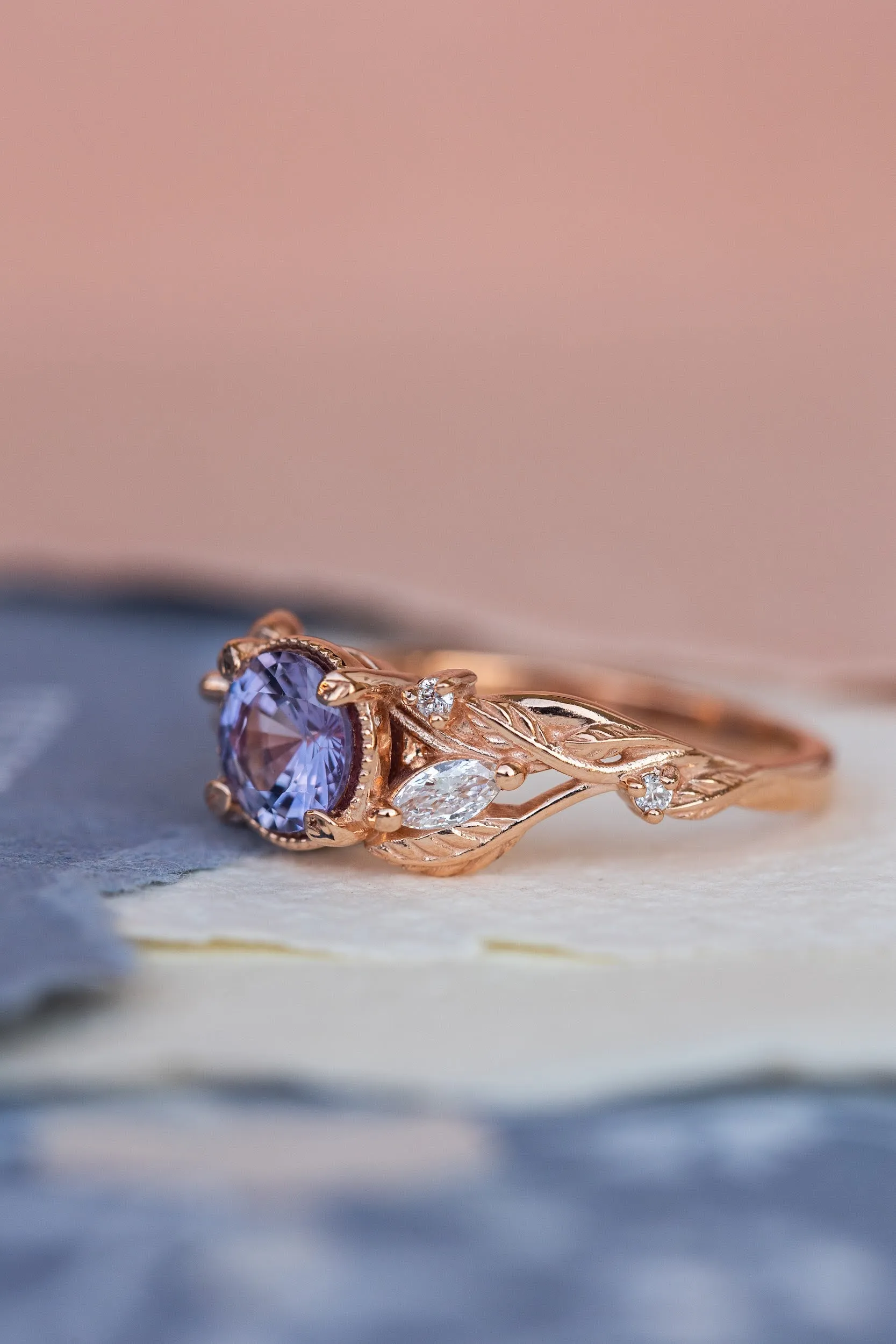 READY TO SHIP: Patricia ring in 14K rose gold, natural purple sapphire 6 mm, accent lab grown diamonds, AVAILABLE RING SIZES: 6-8US