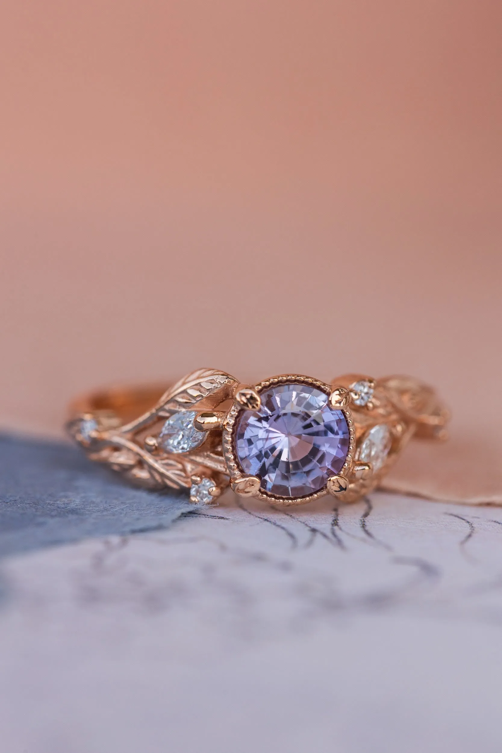 READY TO SHIP: Patricia ring in 14K rose gold, natural purple sapphire 6 mm, accent lab grown diamonds, AVAILABLE RING SIZES: 6-8US