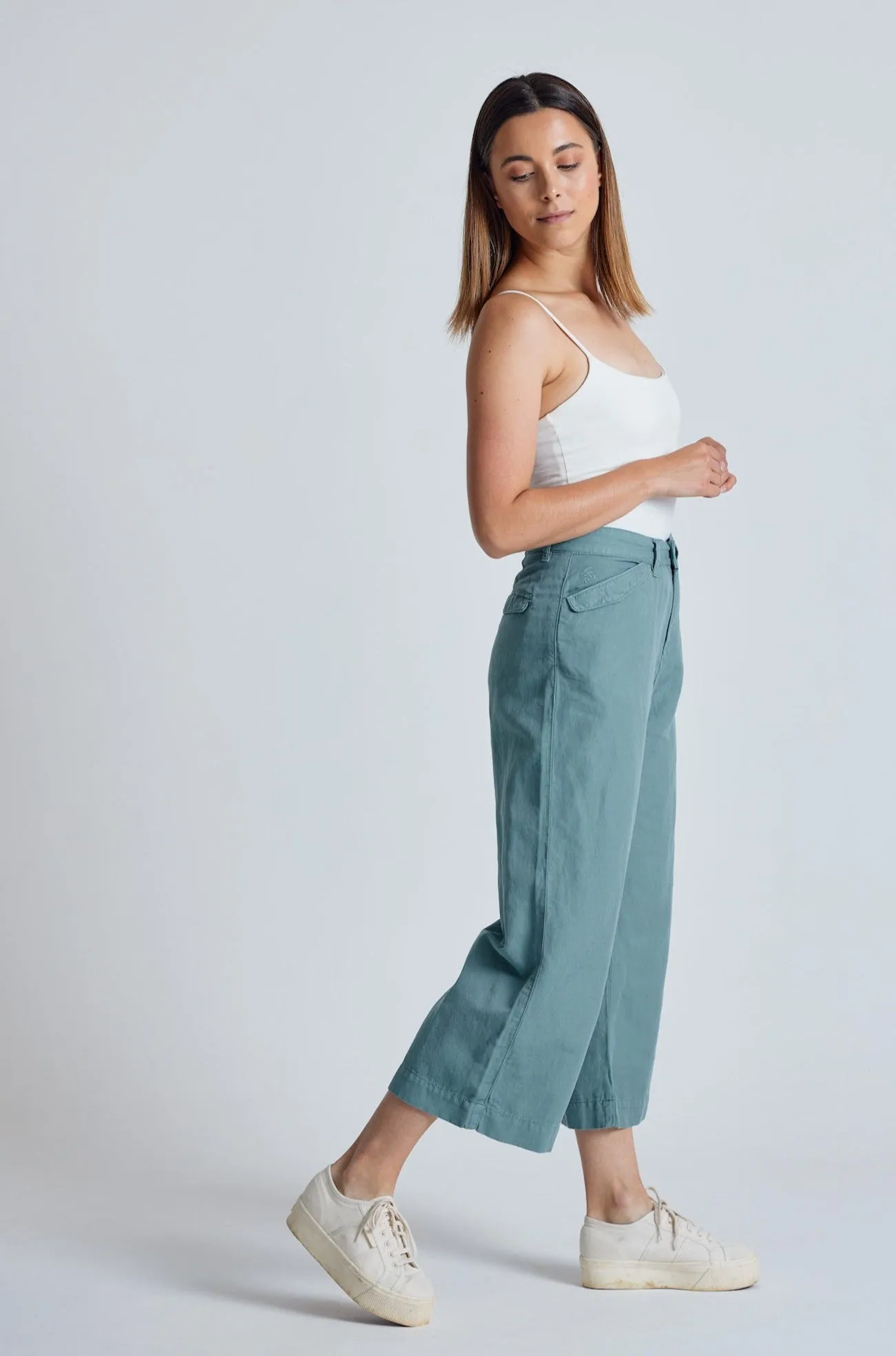 Retro-Blue Betty Wide Leg Cropped Culotte Trouser - GOTS Certified Organic Cotton and Linen