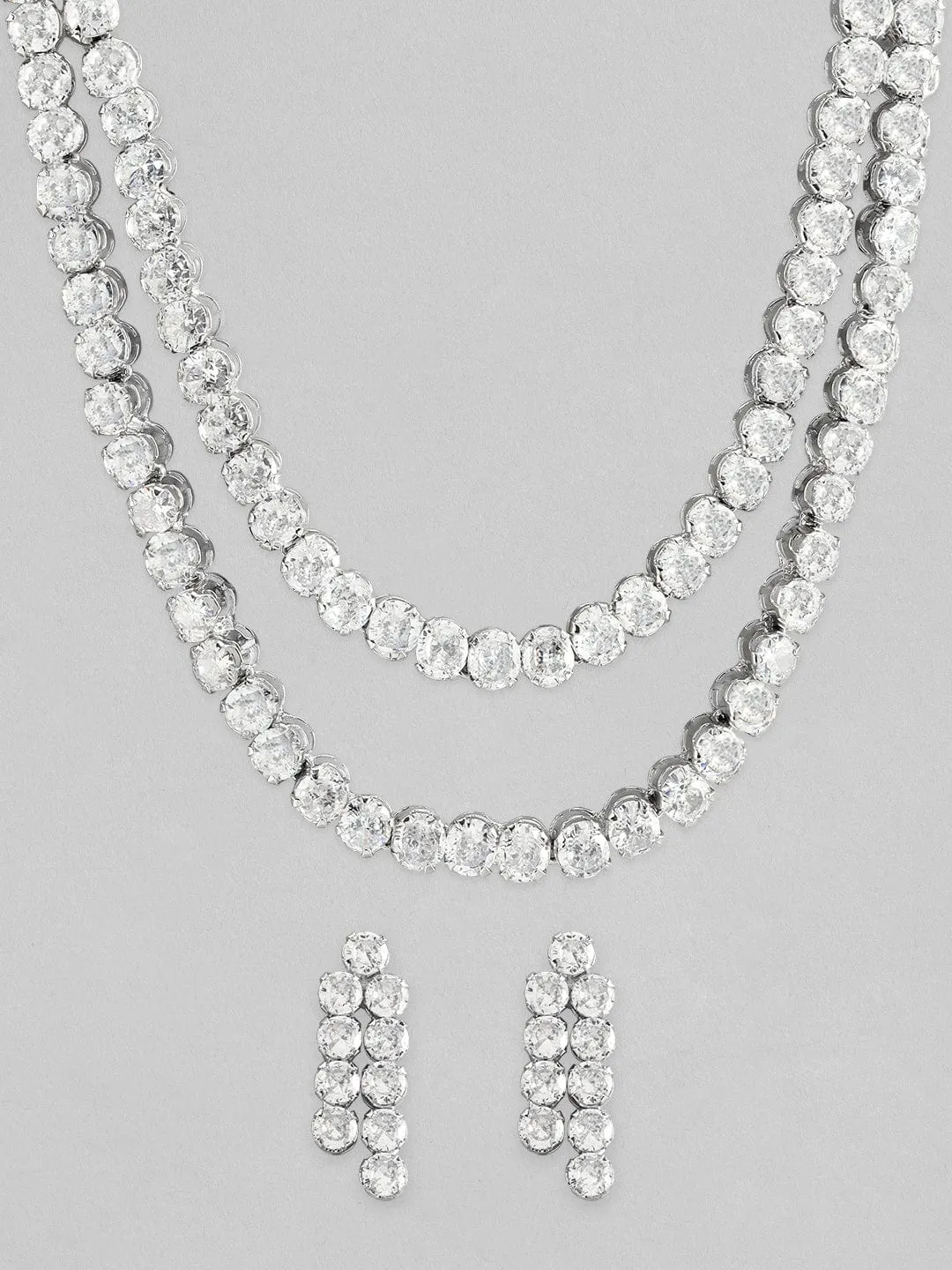 Rubans Silver Plated Layered Necklace Set With Studded American Diamonds