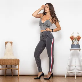 Shaper Set High Waist Dark Thread Grey Jeans with Stripe Jeans Set Sexy Jeggings Set 2 Pieces Set