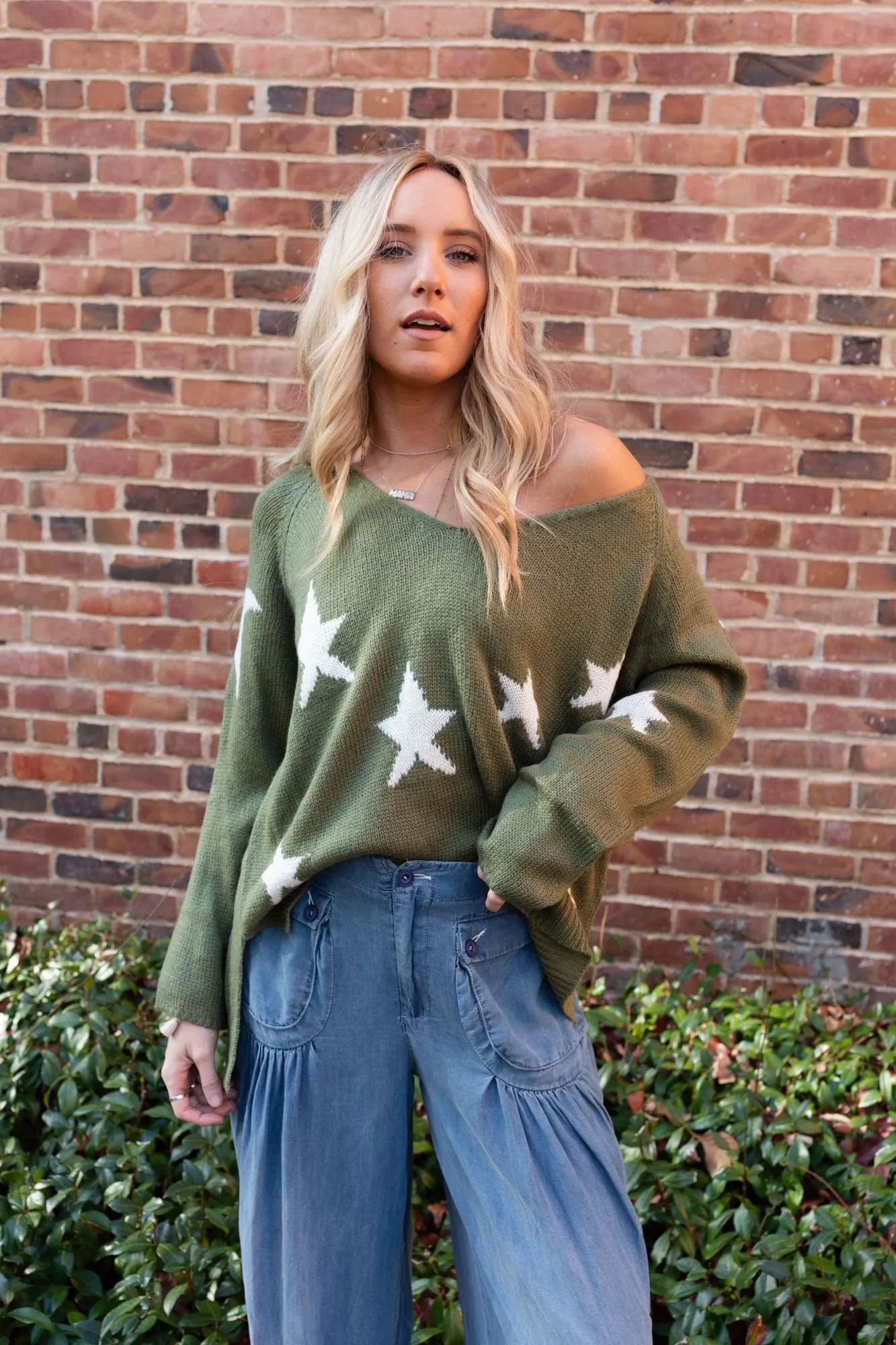 Shining Nights Starry V Neck Sweater - Green