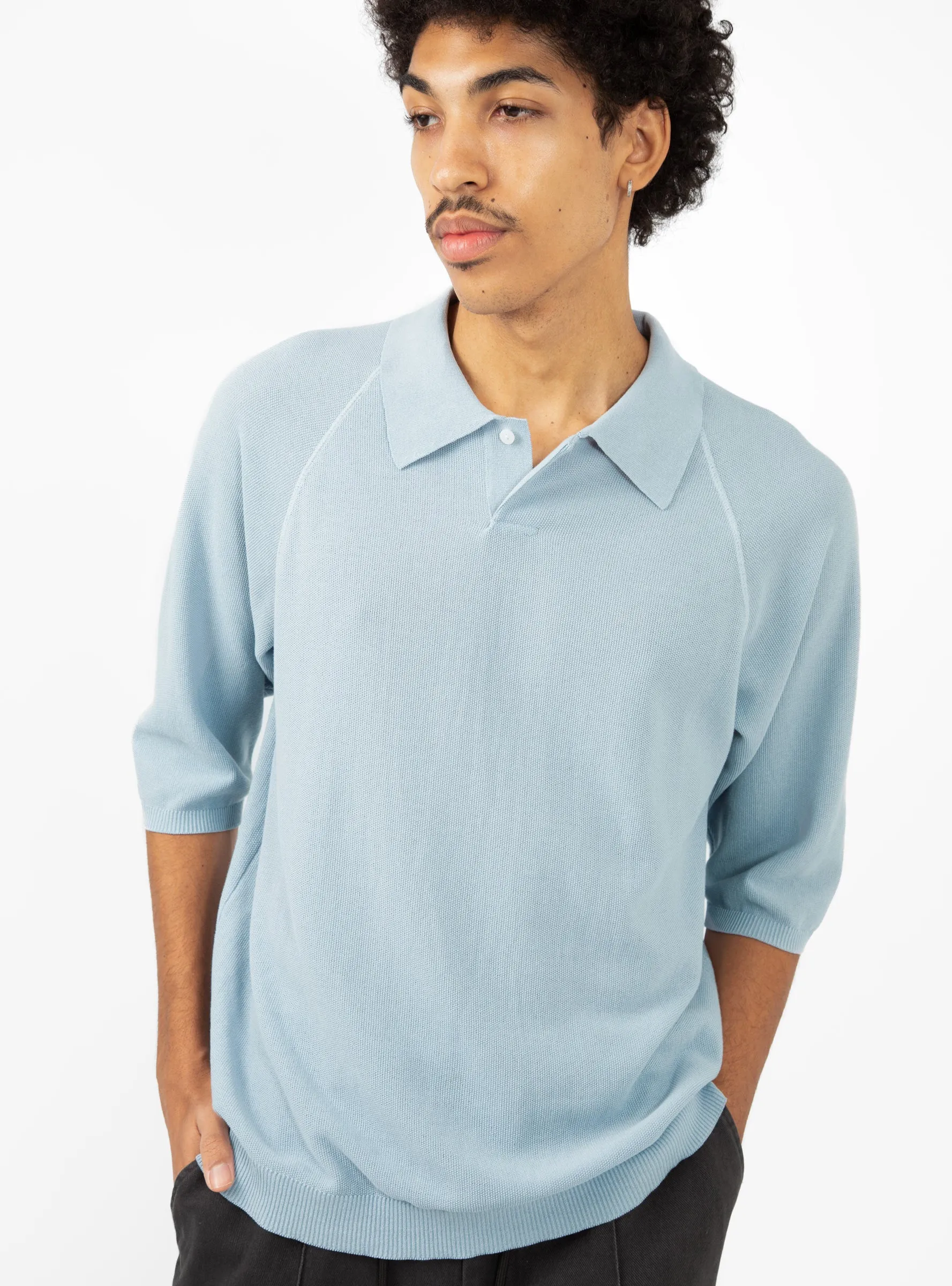 Silk-Blend Knit Polo Shirt Sax Blue