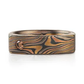 Soft Square Mokume Gane Ring with Cognac Diamond